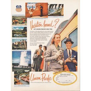 1956 Union Pacific Railroad Vacation Travel Print Ad Grand Canyon Yellowstone